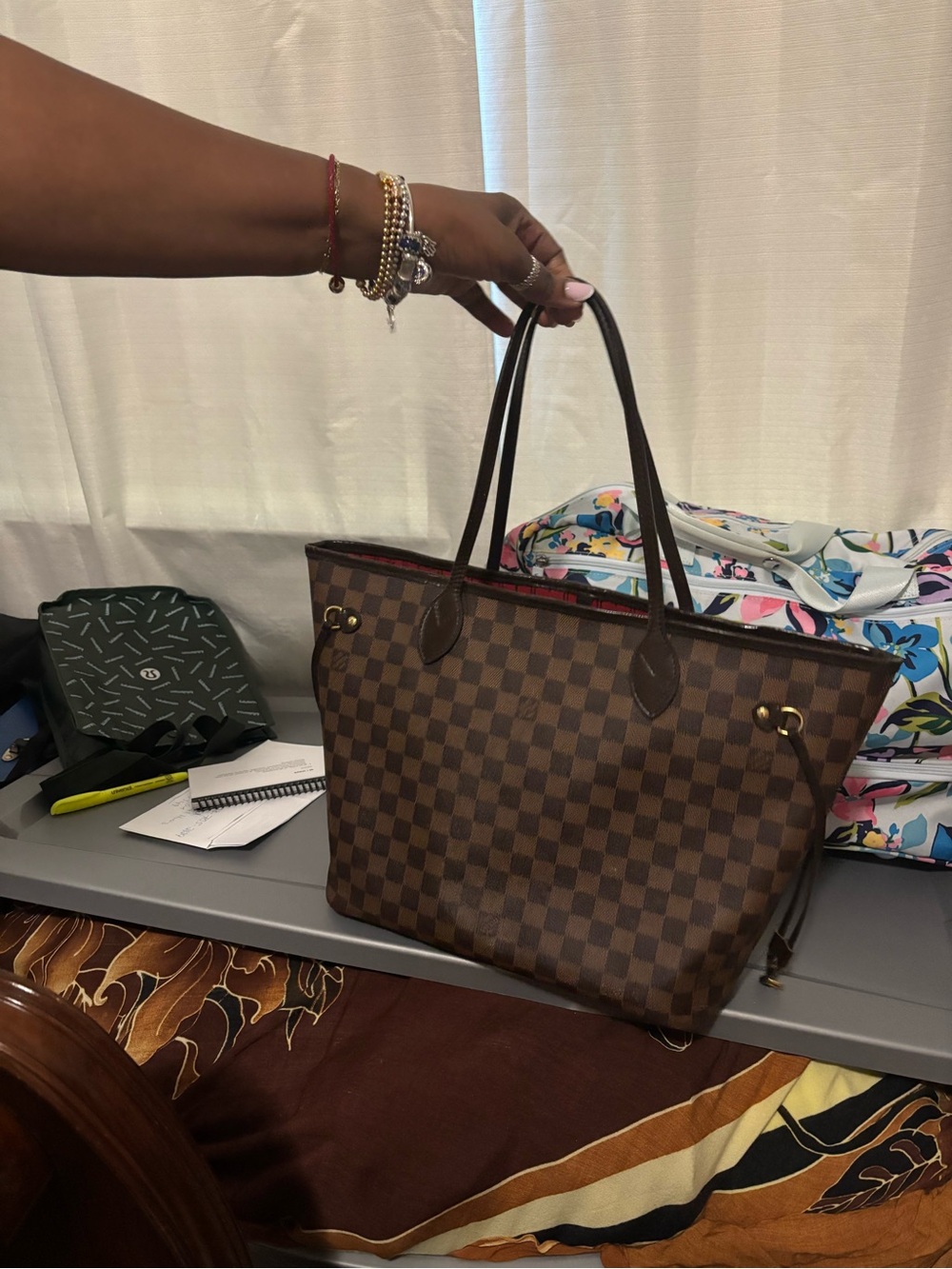 Brown Checkered Tote Bag with Dark Brown Handles